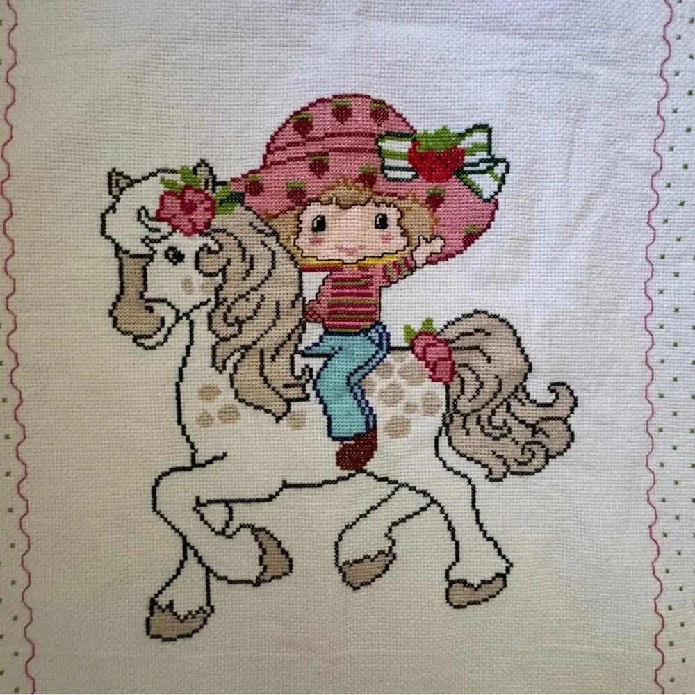 Strawberry Shortcake Cross Stitch Handmade Baby Quilt Blanket 34”x 42”
